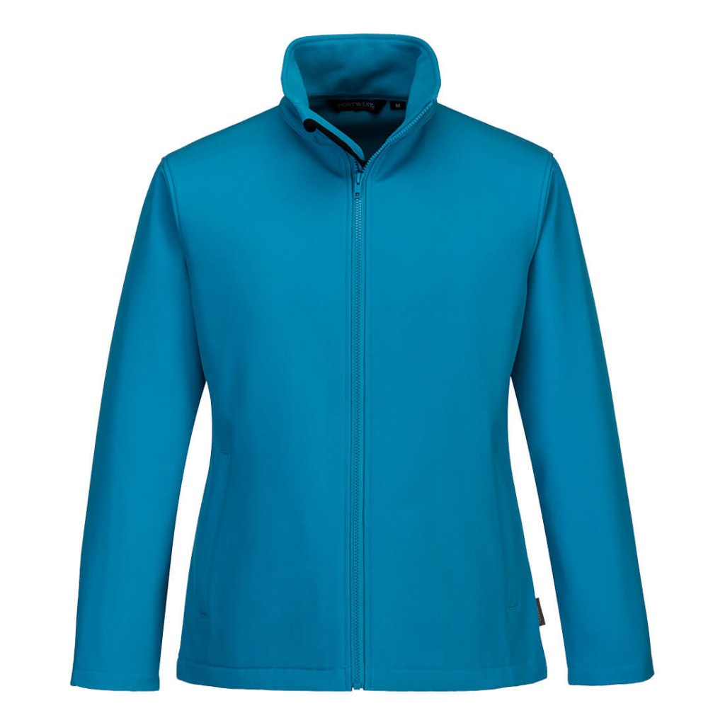 A women's softshell jacket designed for use on construction sites and in industrial work environments.,