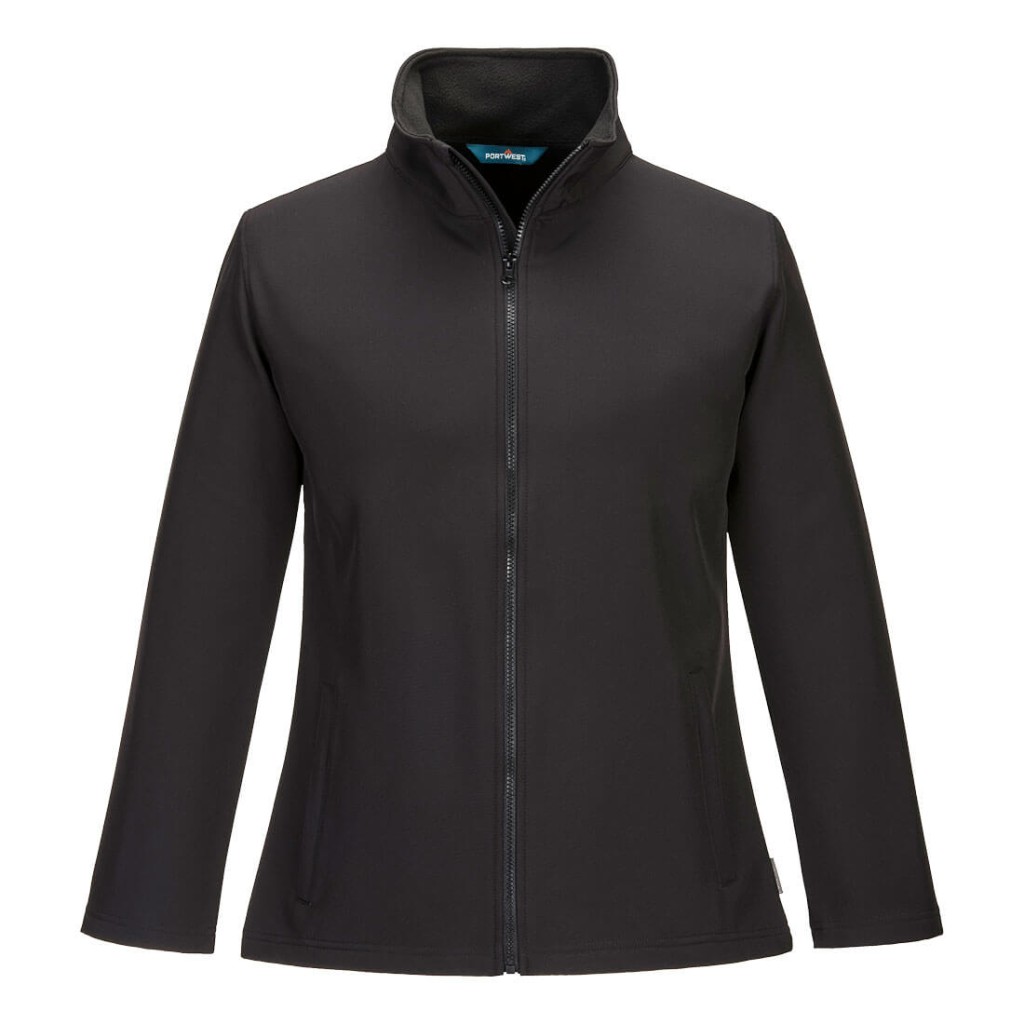 A women's black softshell jacket designed for use on construction sites and in industrial work environments.,