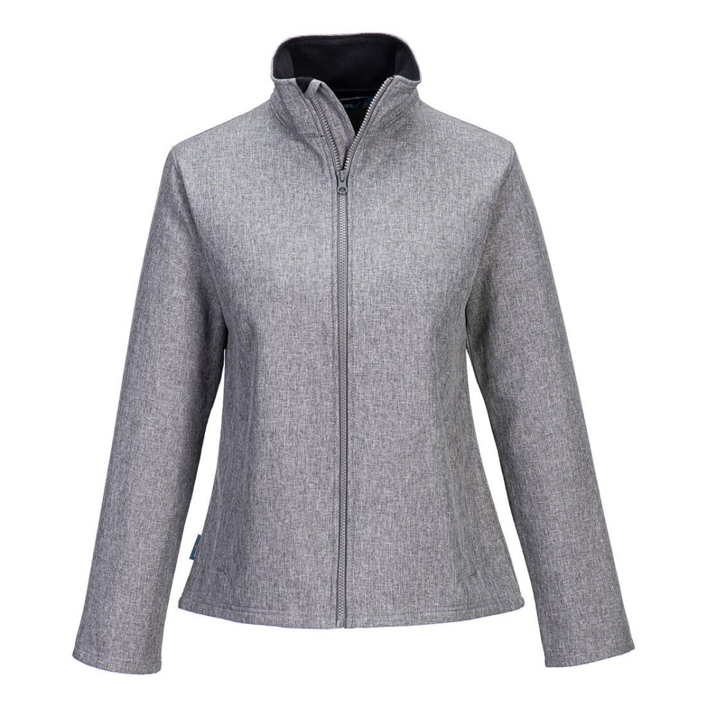 A women's grey softshell jacket designed for use on construction sites and in industrial work environments.,