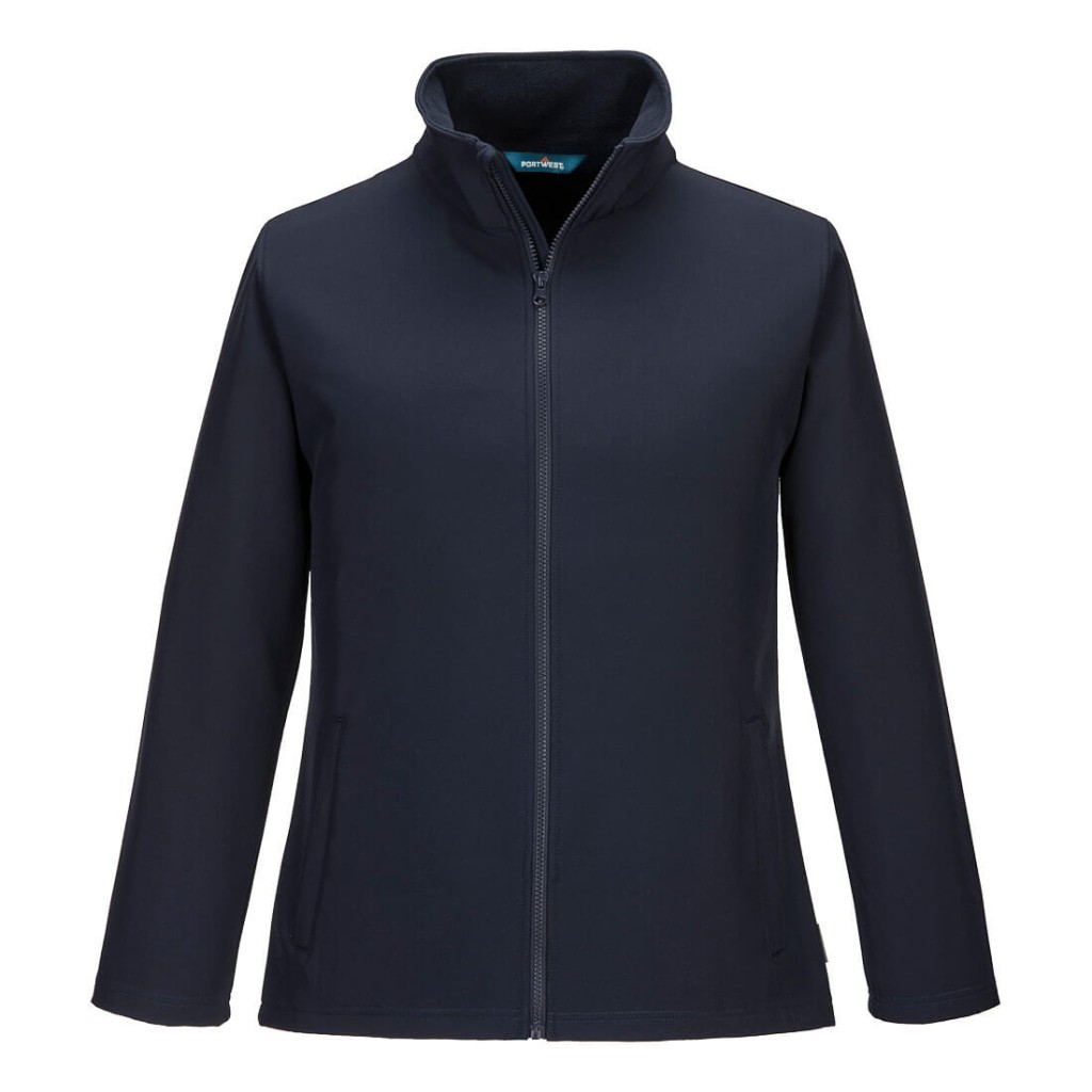 A women's navy blue softshell jacket designed for use on construction sites and in industrial work environments.,