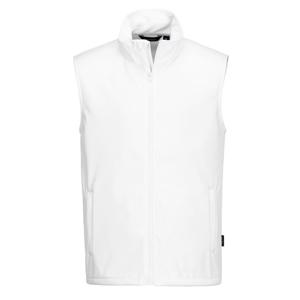 A white safety vest designed for use on construction sites and in industrial work environments.,