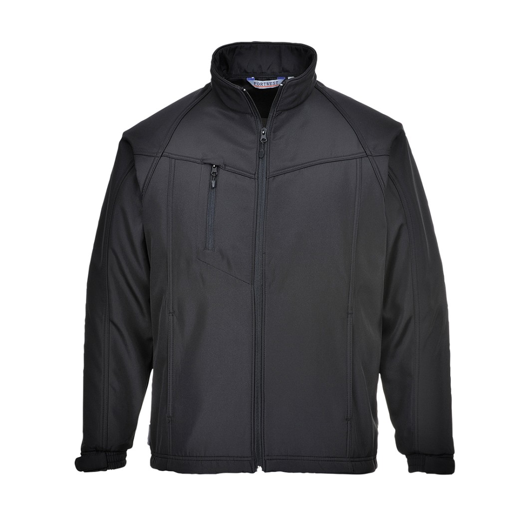 A black softshell jacket designed for use on construction sites and in industrial work environments.,