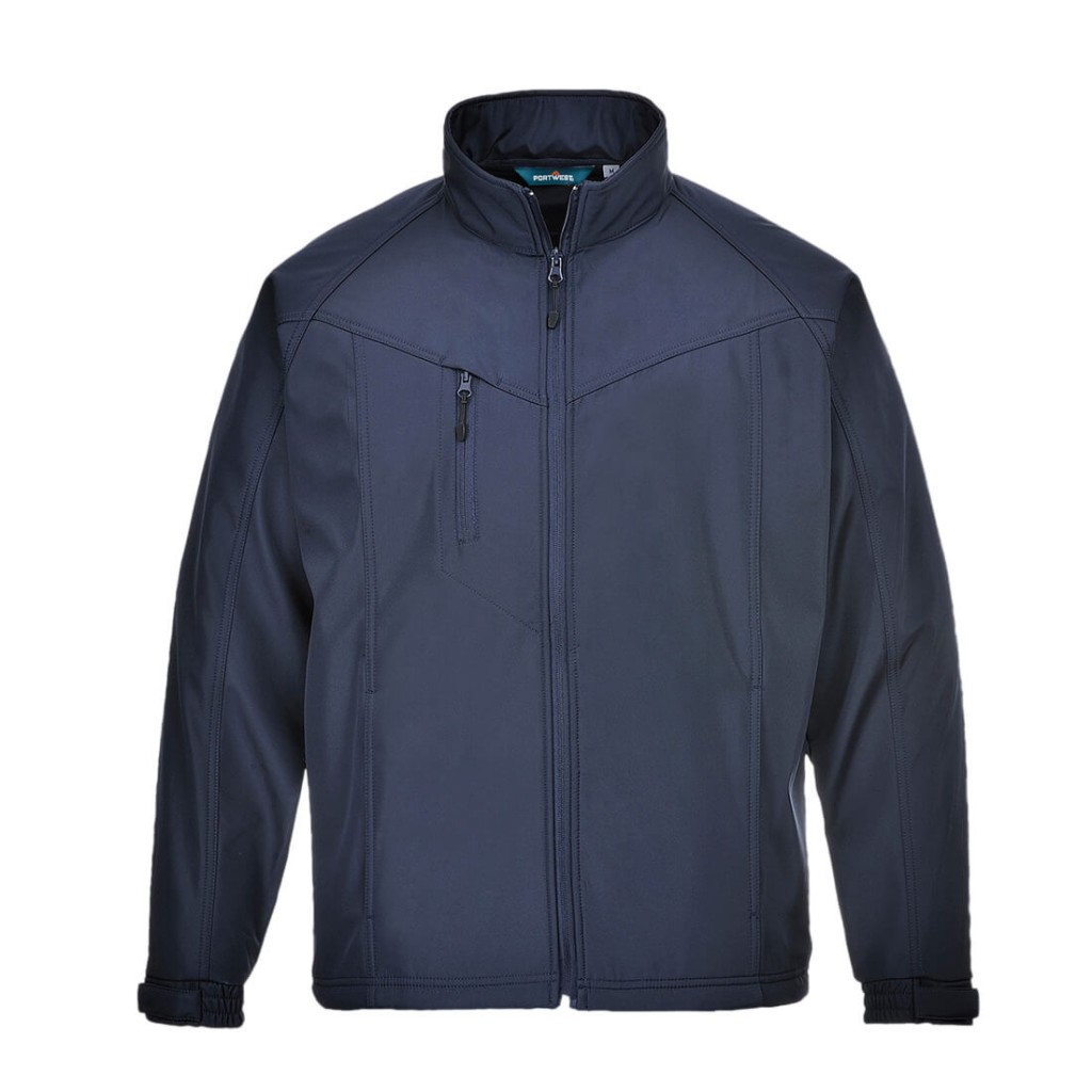 A navy blue softshell jacket designed for use on construction sites and in industrial work environments.,