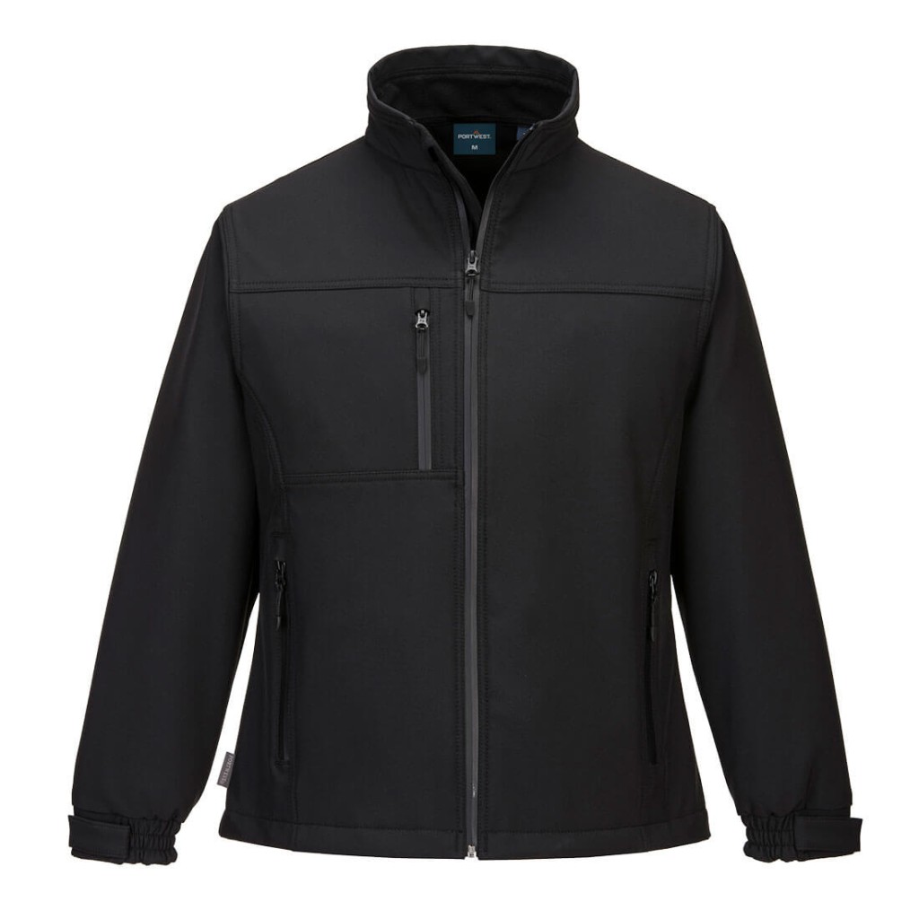 A women's black softshell jacket designed for use on construction sites and in industrial work environments.,