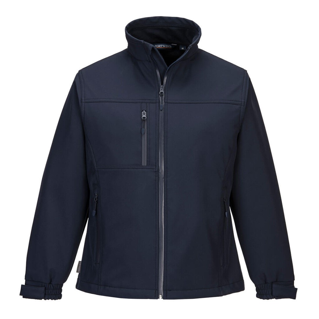A women's navy blue softshell jacket designed for use on construction sites and in industrial work environments.,
