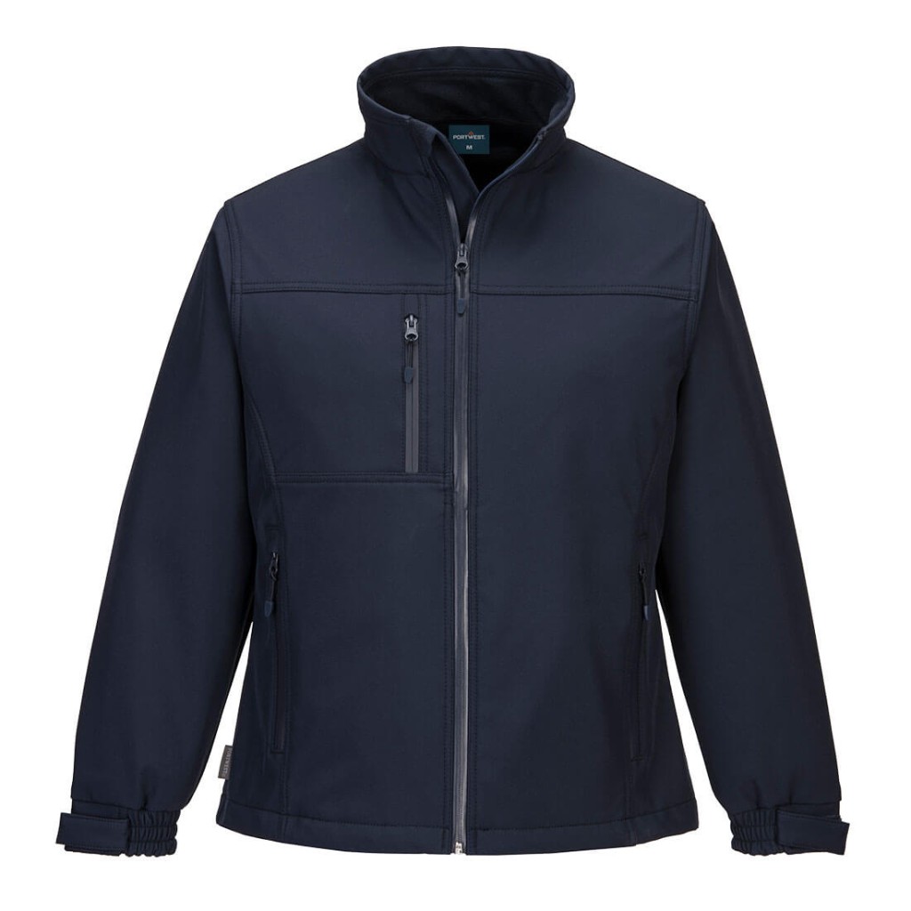 A women's navy blue softshell jacket designed for use on construction sites and in industrial work environments.,