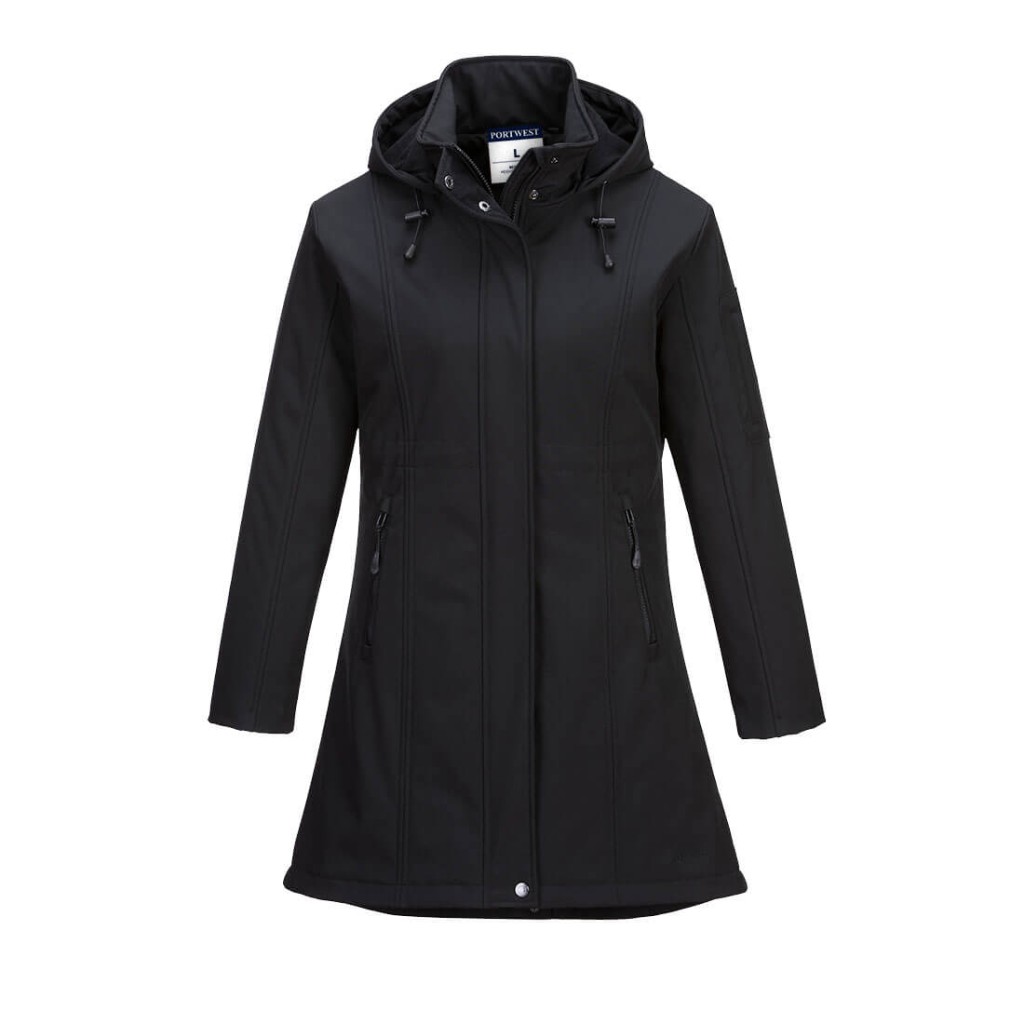 A women's black softshell jacket designed for use on construction sites and in industrial work environments.,
