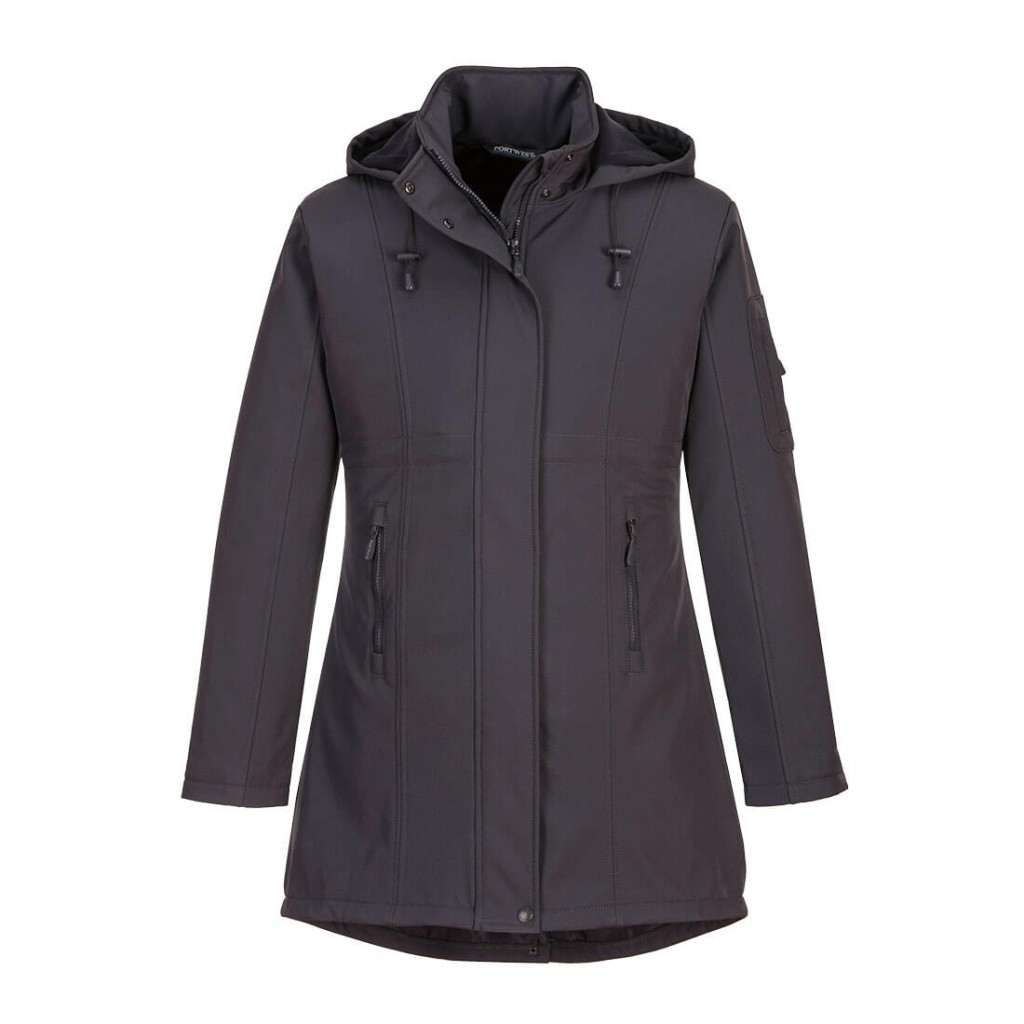 A women's grey softshell jacket designed for use on construction sites and in industrial work environments.,