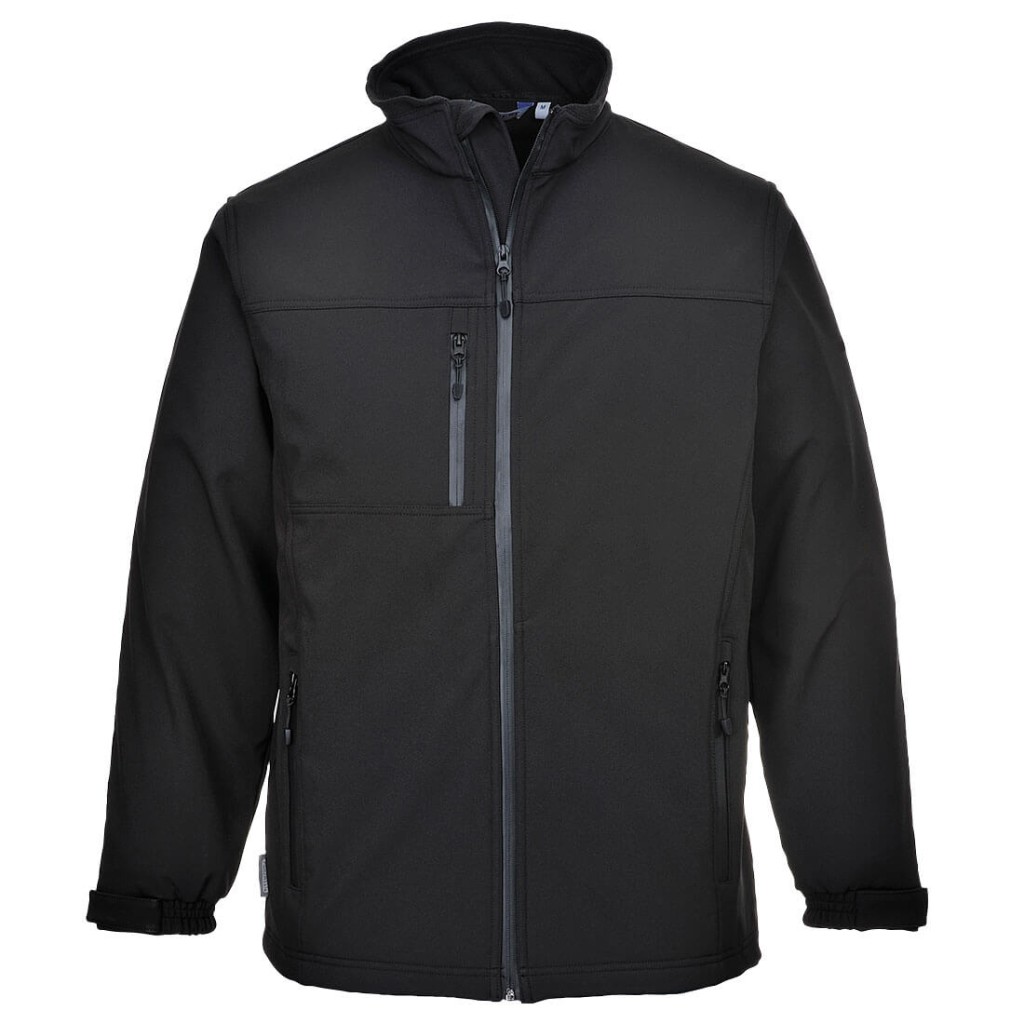 A black softshell jacket designed for use on construction sites and in industrial work environments.,