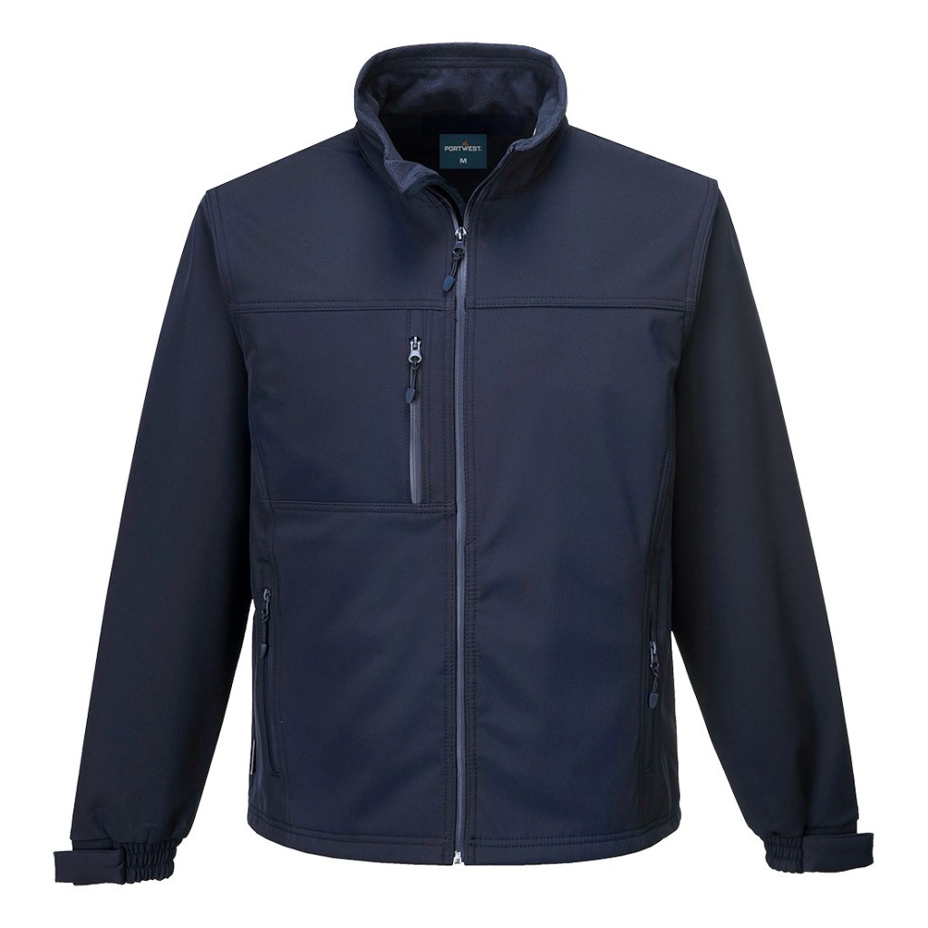 A navy blue softshell jacket designed for use on construction sites and in industrial work environments.,