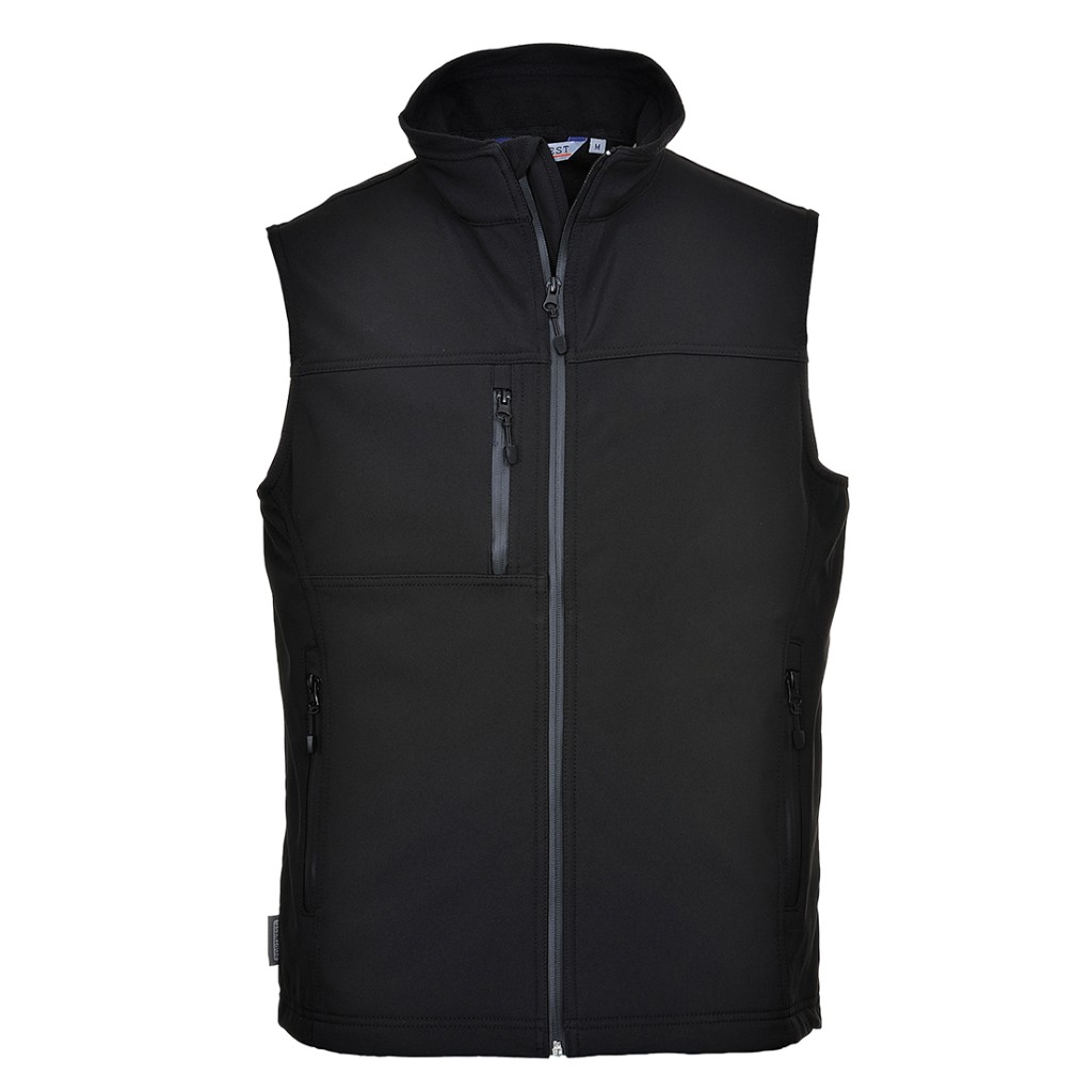 A black workwear garment designed for use on construction sites and in industrial work environments.,