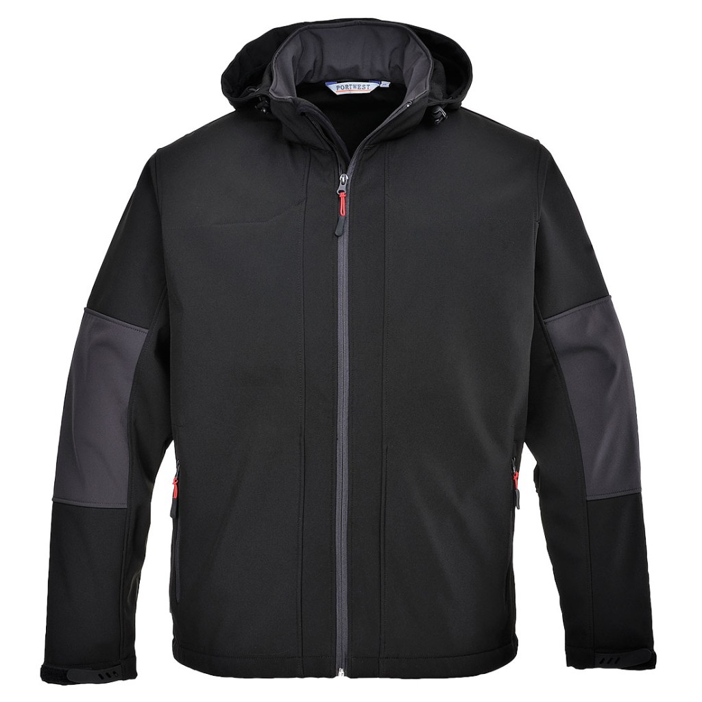 A black softshell jacket designed for use on construction sites and in industrial work environments.,
