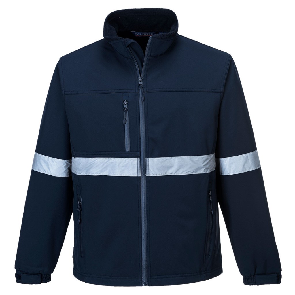 A navy blue softshell jacket designed for use on construction sites and in industrial work environments.,