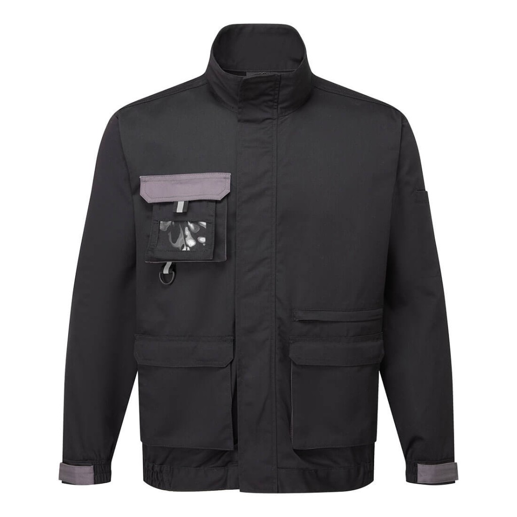 A black jacket designed for use on construction sites and in industrial work environments.,