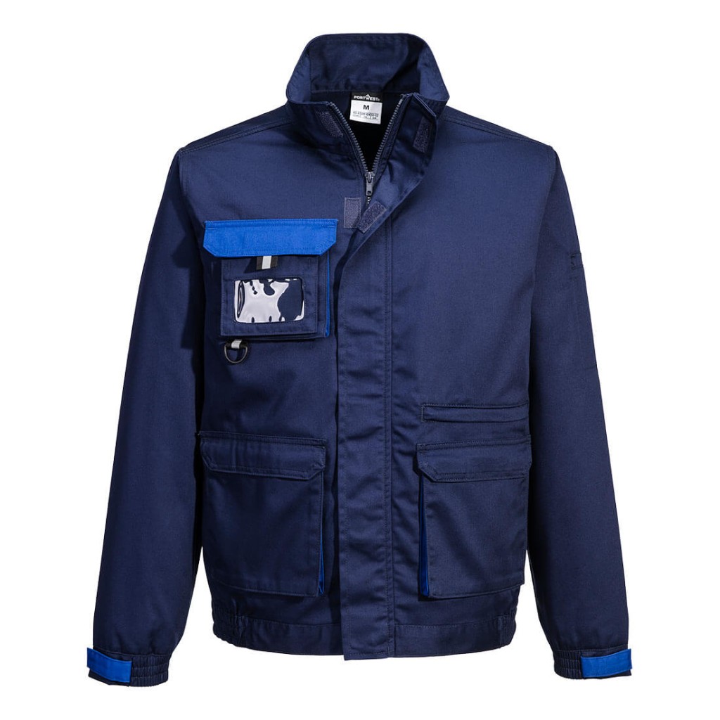 A navy blue jacket designed for use on construction sites and in industrial work environments.,