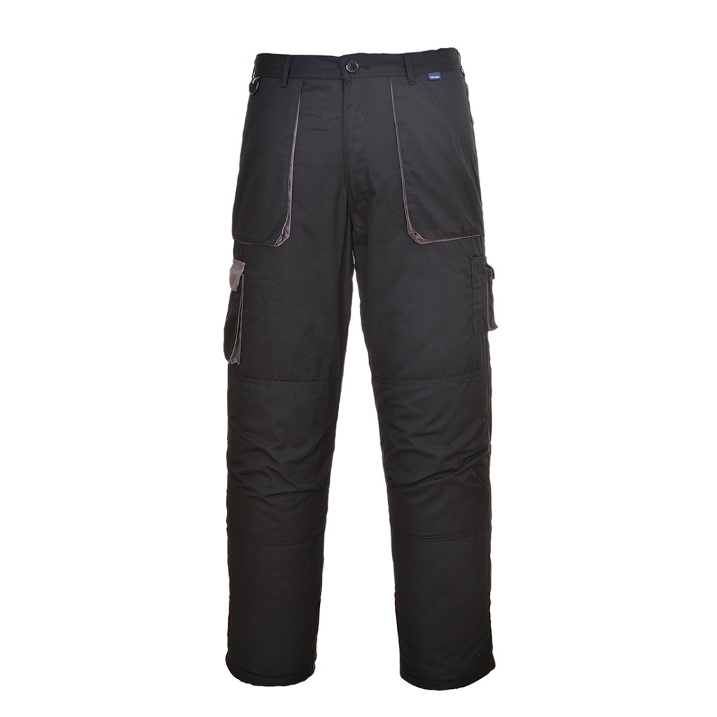 A pair of black work trousers designed for use on construction sites and in industrial work environments.,