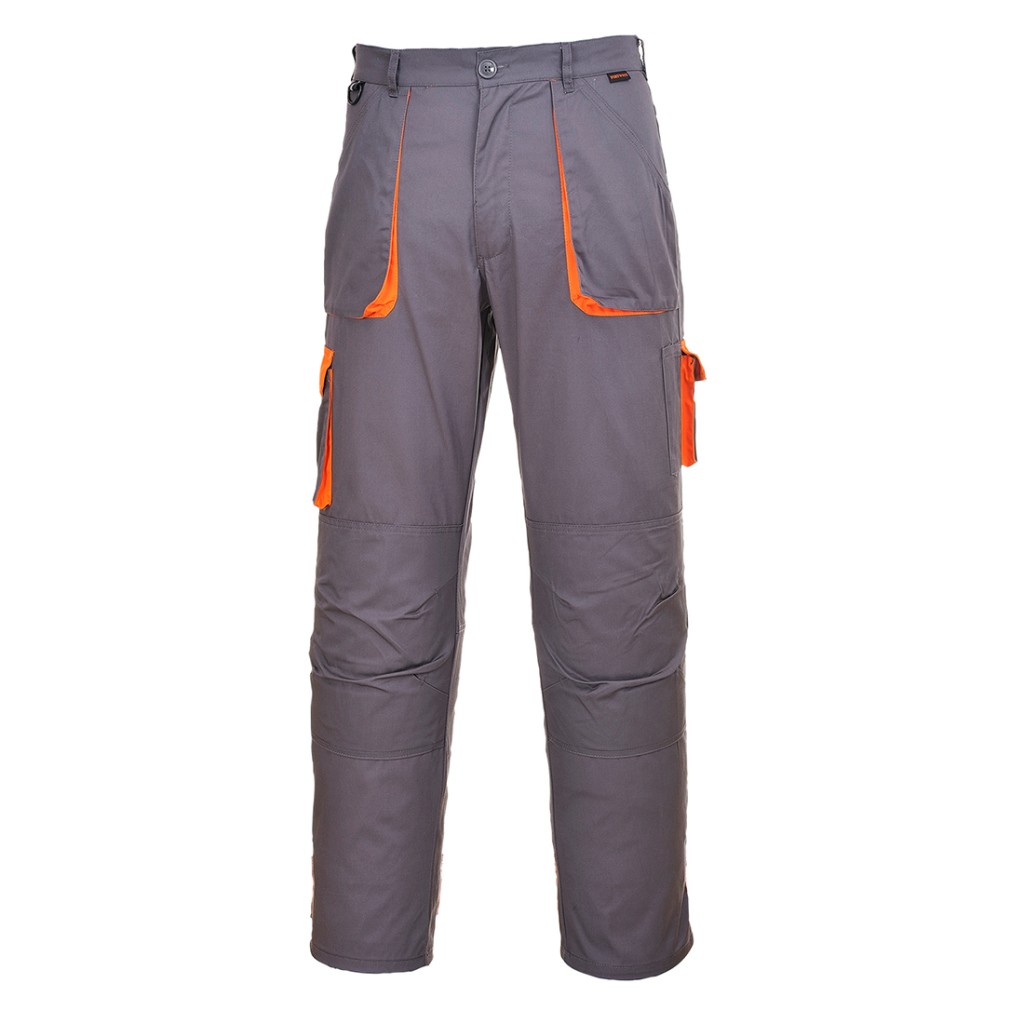 A pair of grey work trousers designed for use on construction sites and in industrial work environments.,