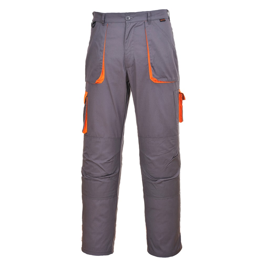 A pair of grey work trousers designed for use on construction sites and in industrial work environments.,
