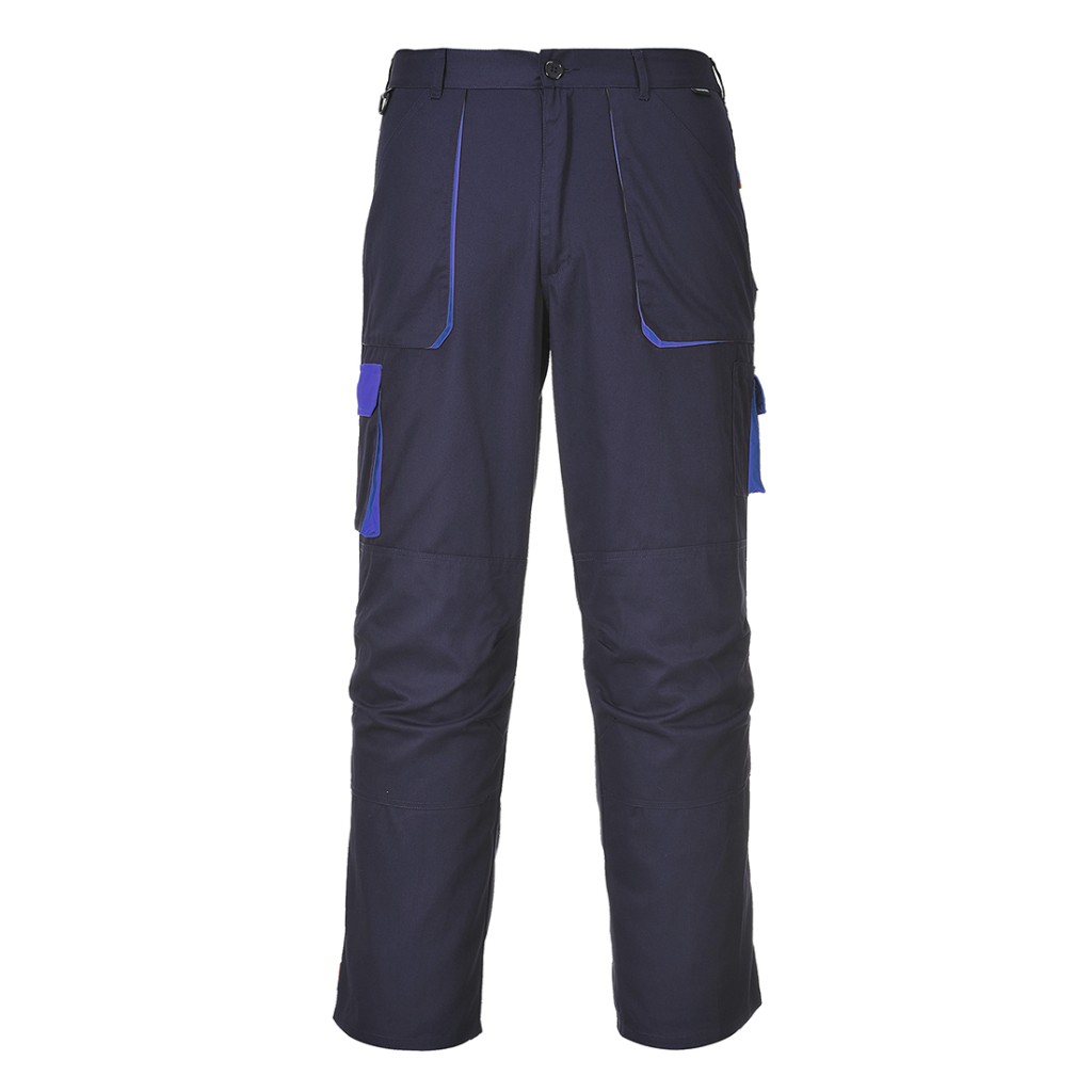 A pair of navy blue work trousers designed for use on construction sites and in industrial work environments.,