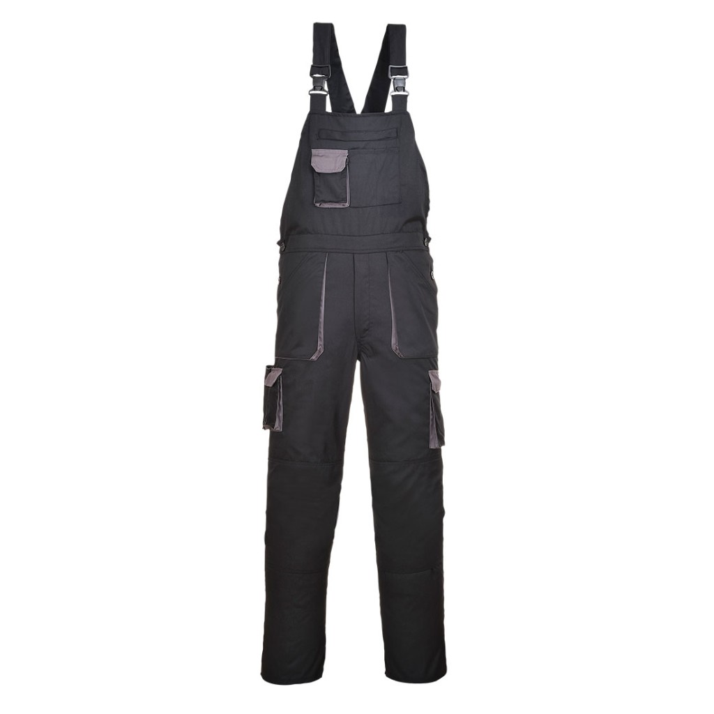 A black workwear garment designed for use on construction sites and in industrial work environments.,