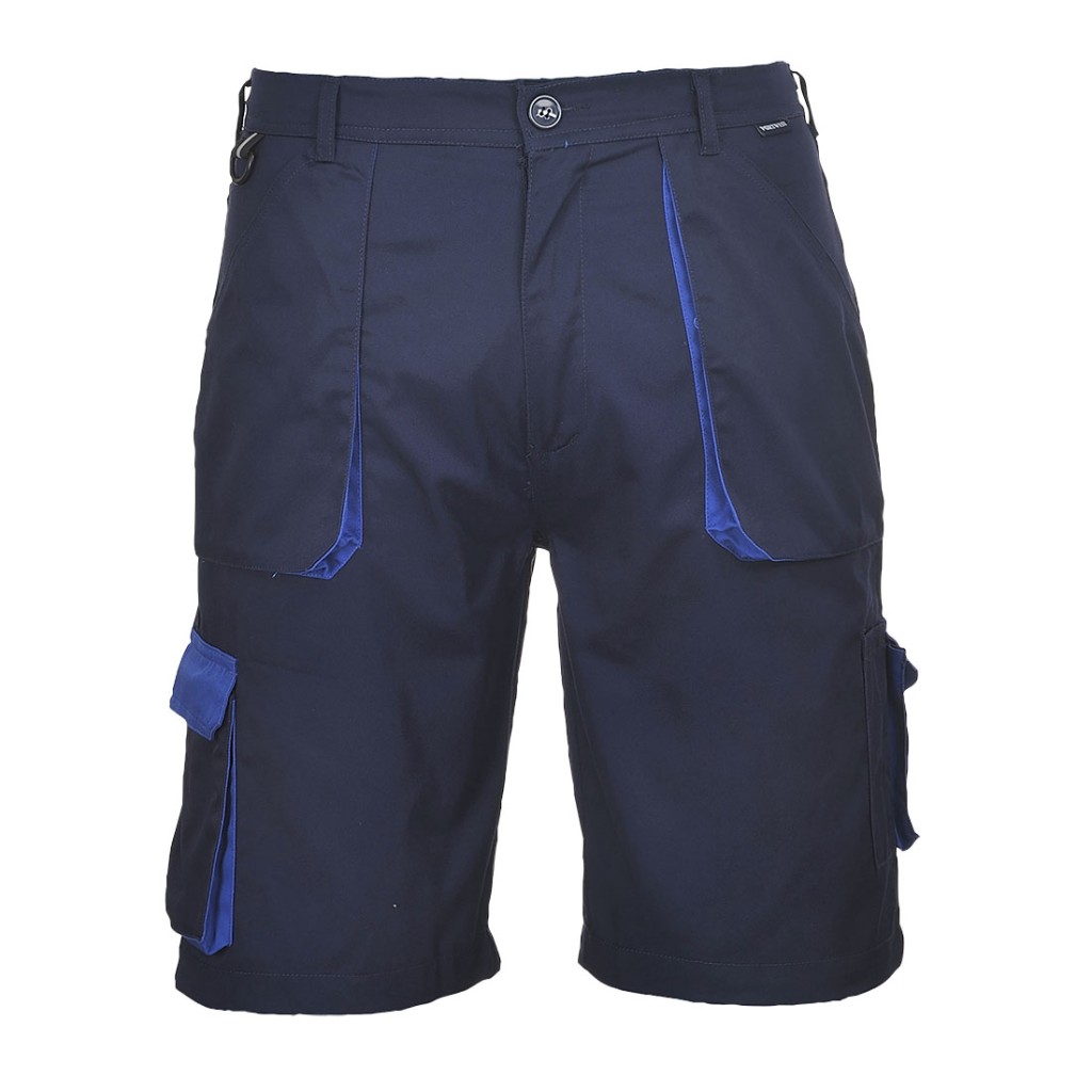 A navy blue workwear garment designed for use on construction sites and in industrial work environments.,
