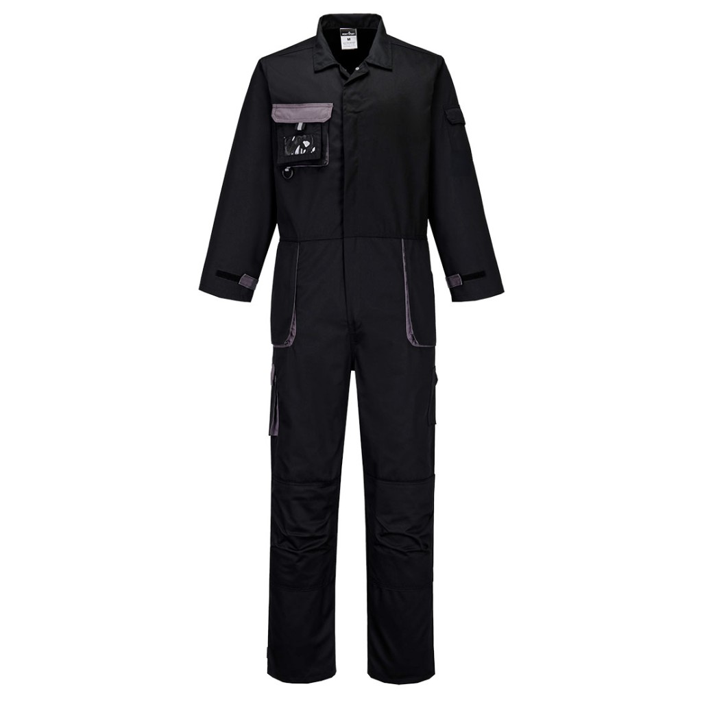 A black coverall designed for use on construction sites and in industrial work environments.,