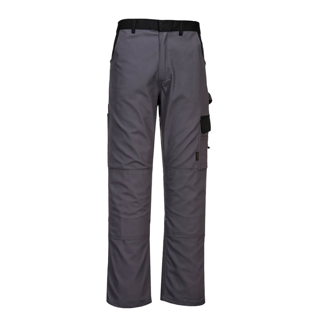 A pair of grey work trousers designed for use on construction sites and in industrial work environments.,