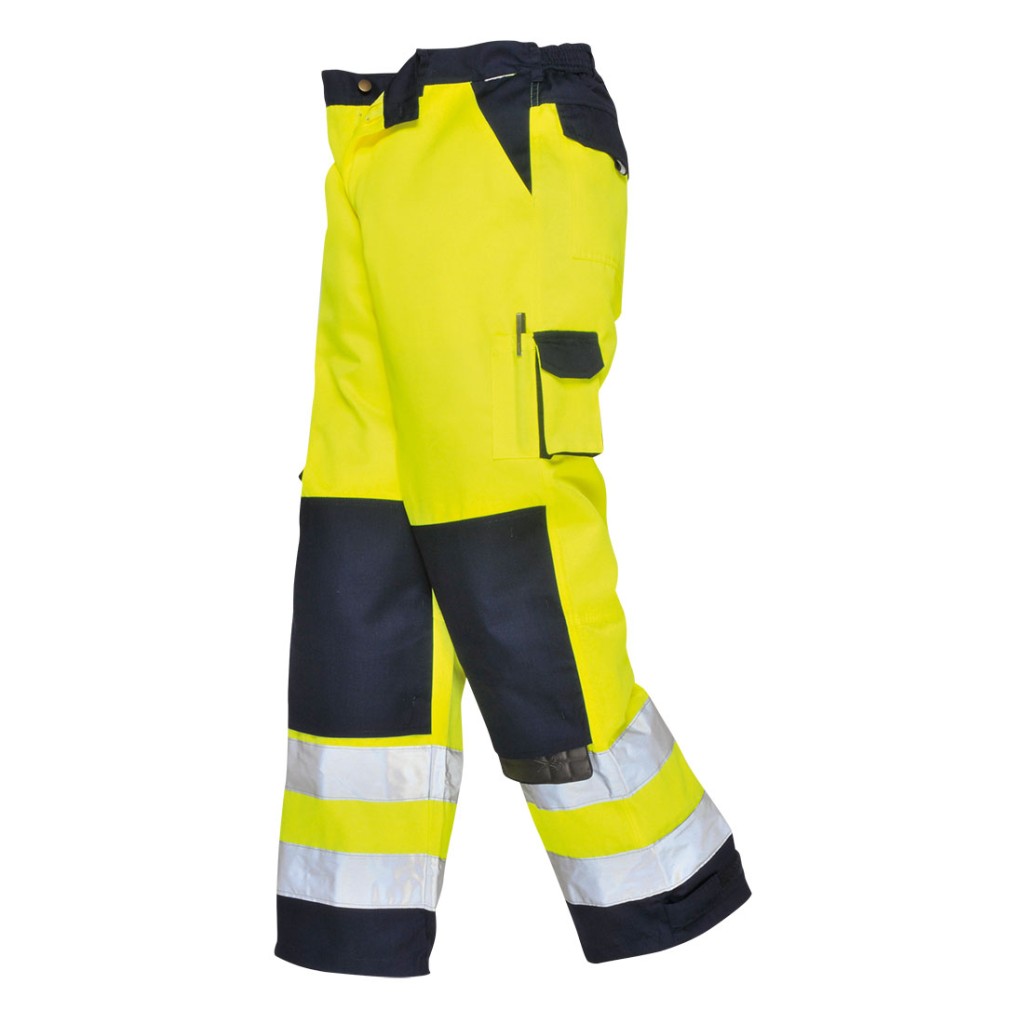 A pair of high-visibility yellow trousers featuring retroreflective tape panels, suitable for a wide range of outdoor and site work applications.