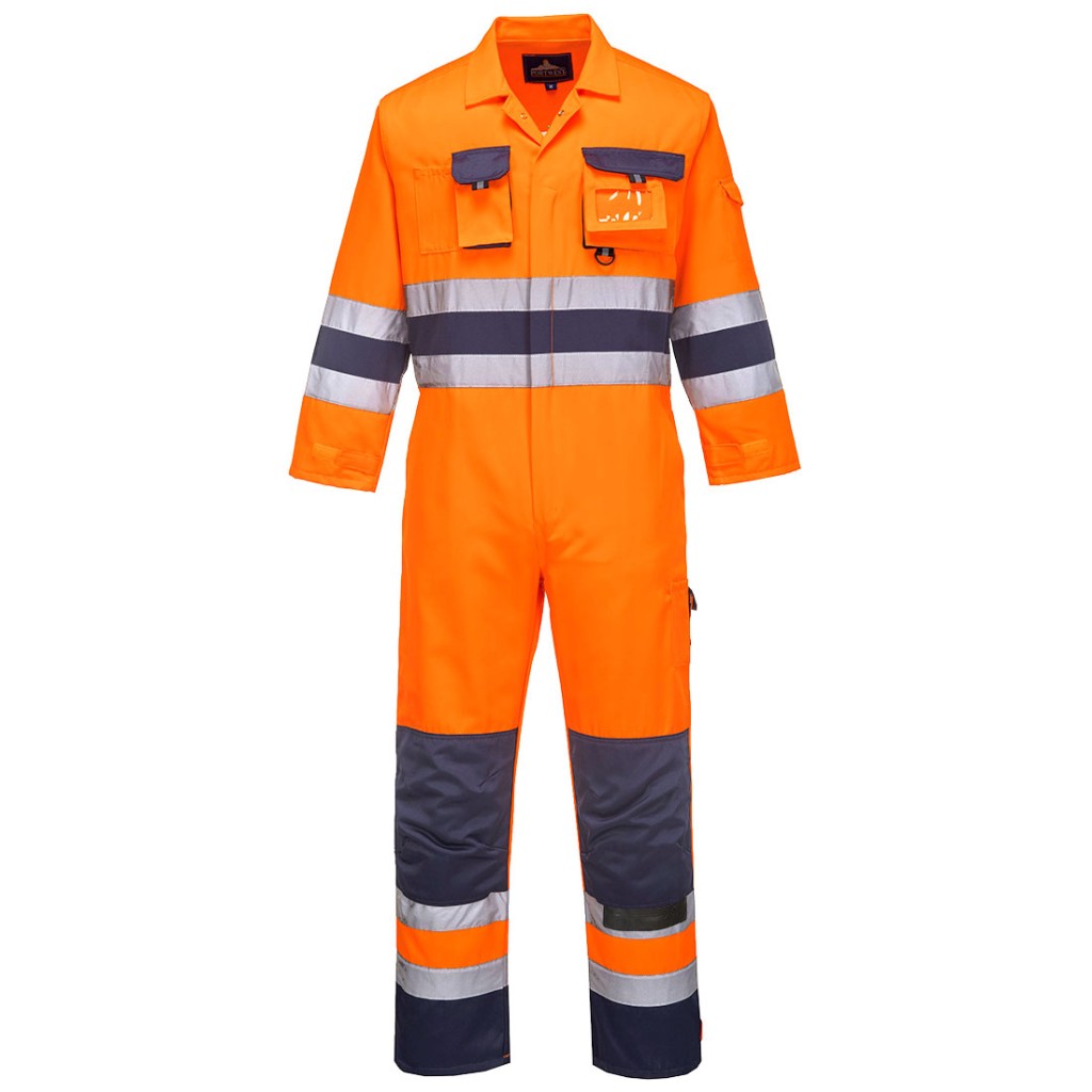 A high-visibility orange coverall featuring retroreflective tape panels, suitable for a wide range of outdoor and site work applications.
