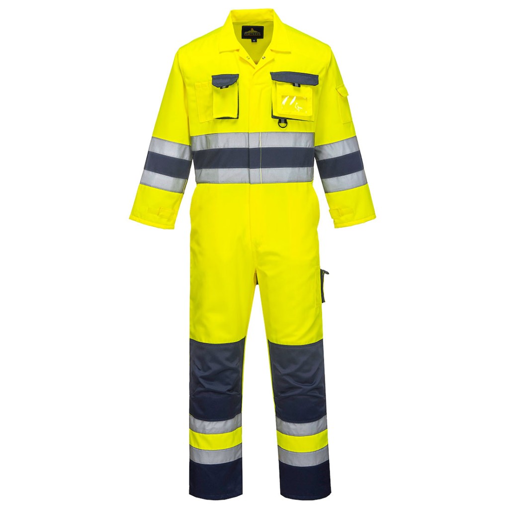 A high-visibility yellow coverall featuring retroreflective tape panels, suitable for a wide range of outdoor and site work applications.