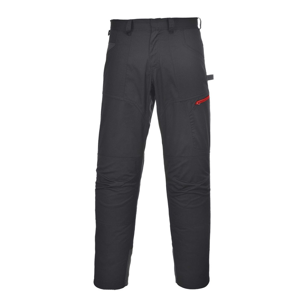 A pair of black work trousers designed for use on construction sites and in industrial work environments.,