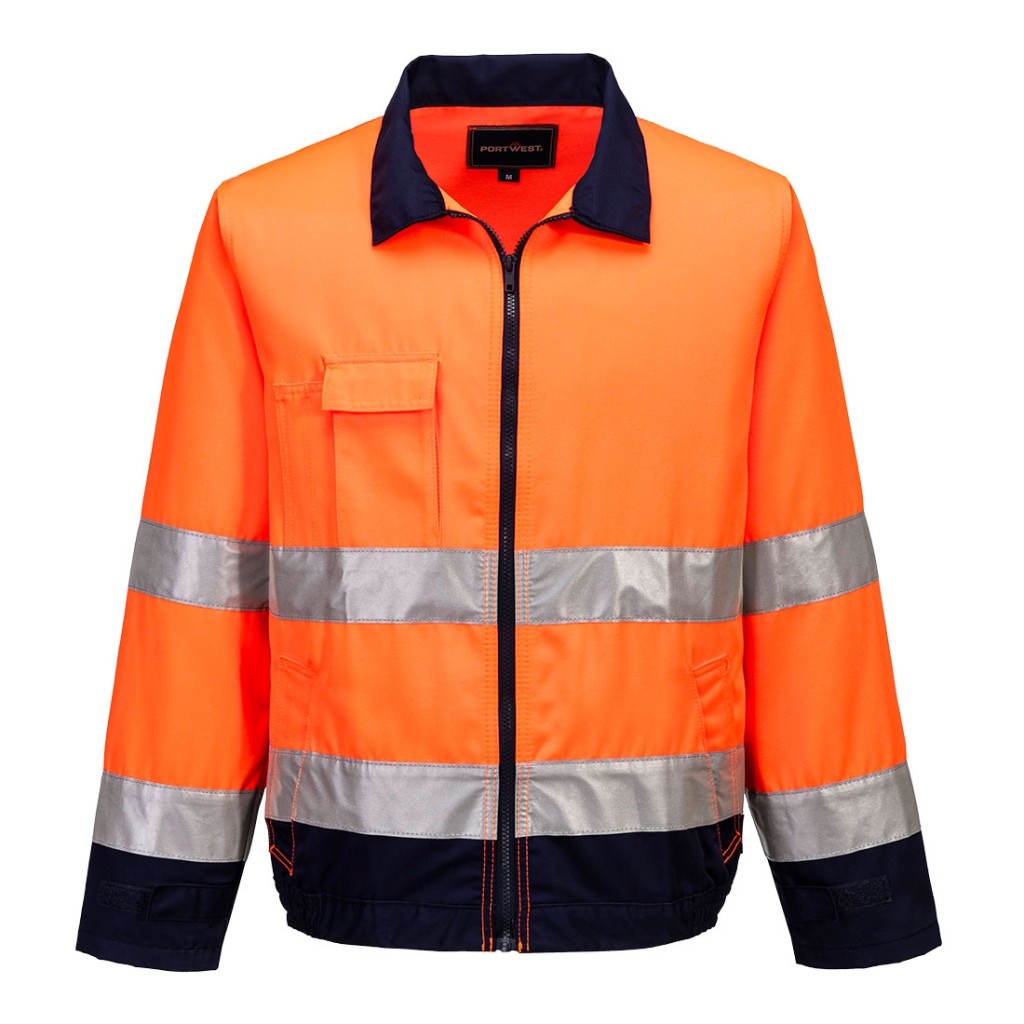 A high-visibility orange jacket featuring retroreflective tape panels, suitable for a wide range of outdoor and site work applications.