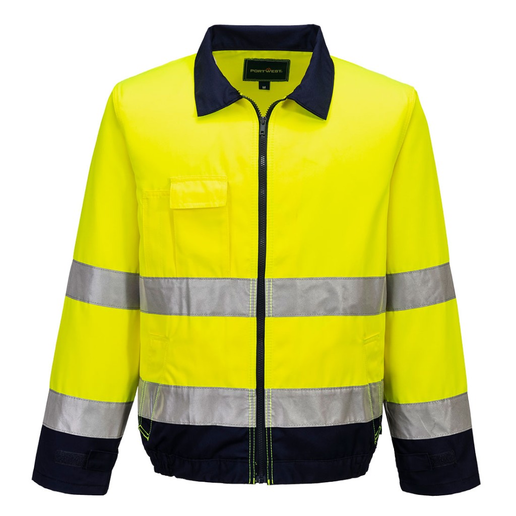 A high-visibility yellow jacket featuring retroreflective tape panels, suitable for a wide range of outdoor and site work applications.