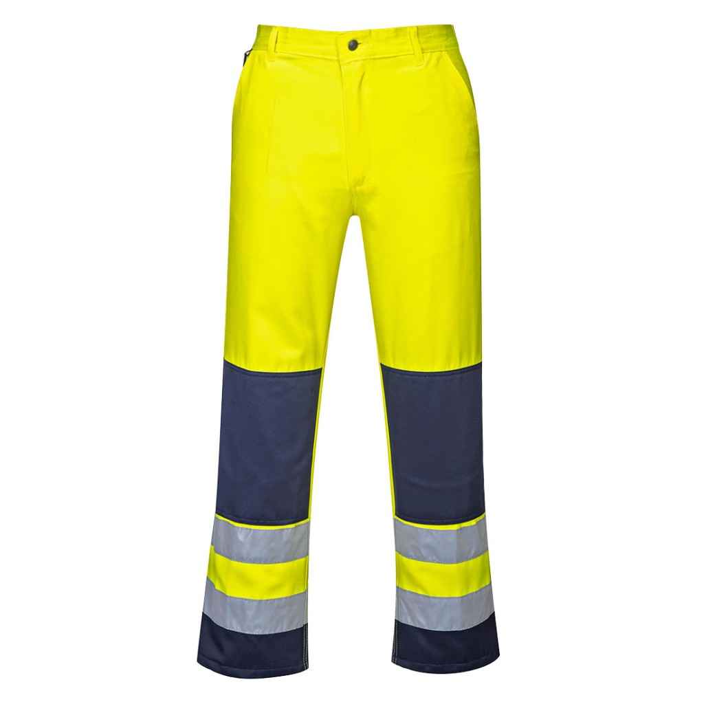 A pair of high-visibility yellow trousers featuring retroreflective tape panels, suitable for a wide range of outdoor and site work applications.