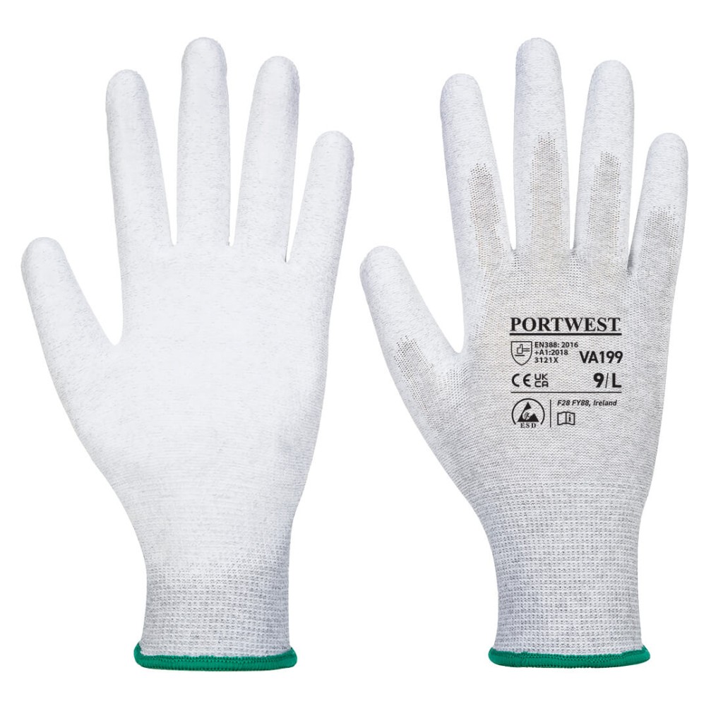 A pair of grey work gloves with a textured grip palm and adjustable wrist closure, designed for general site use.