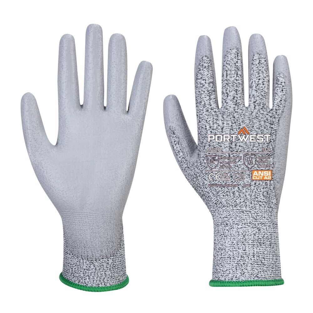 A pair of grey work gloves with a textured grip palm and adjustable wrist closure, designed for general site use.