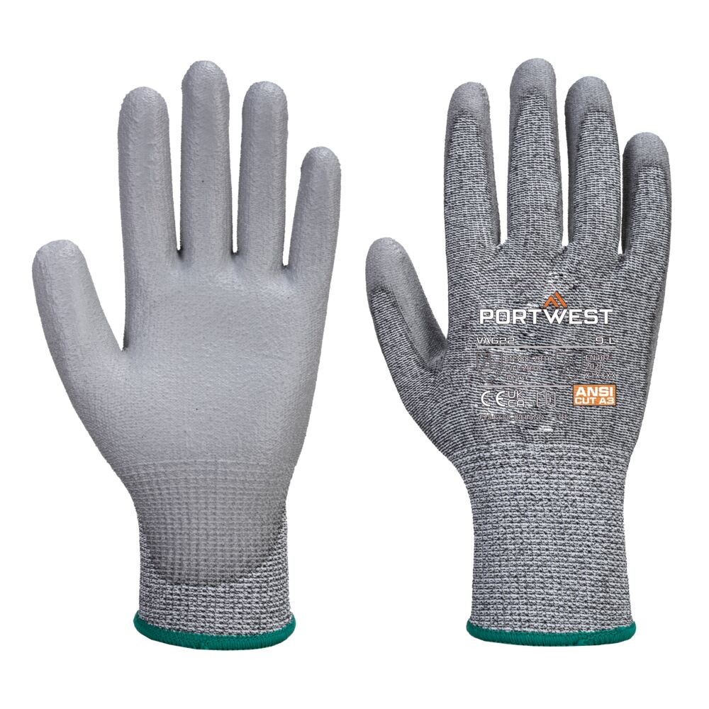 A pair of grey work gloves with cut-level C13 protection, a textured grip palm, and an elasticated cuff for a secure fit.