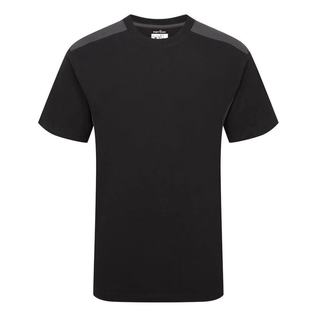 A black work shirt designed for use on construction sites and in industrial work environments.,