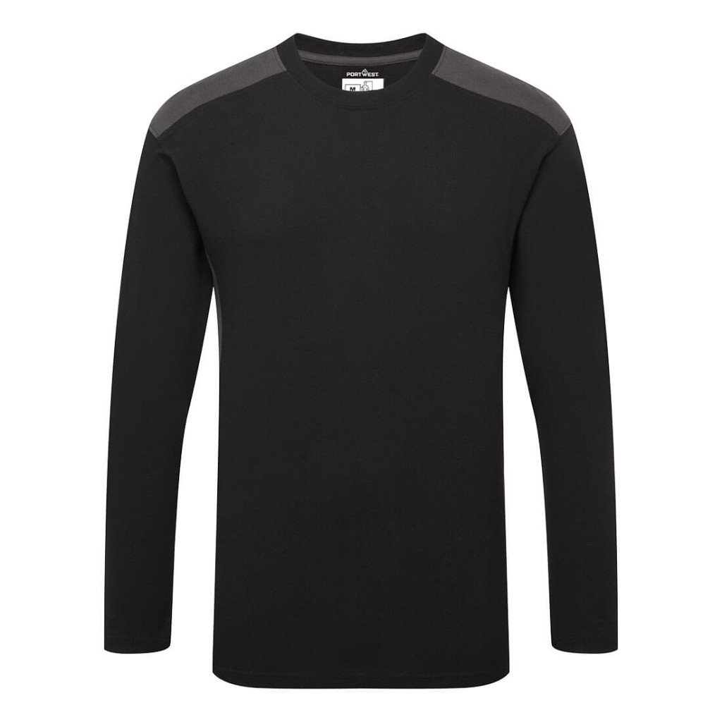 A black work shirt designed for use on construction sites and in industrial work environments.,