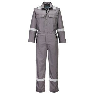 A grey coverall featuring flame-resistant fabric, suitable for a wide range of outdoor and site work applications.
