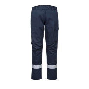 A pair of navy blue work trousers featuring flame-resistant fabric, suitable for a wide range of outdoor and site work applications.