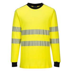 A high-visibility yellow work shirt featuring retroreflective tape panels, flame-resistant fabric, suitable for a wide range of outdoor and site work applications.