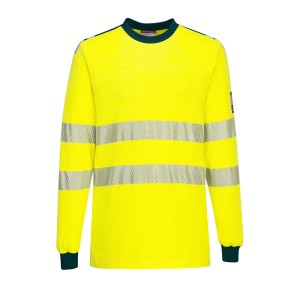 A high-visibility yellow work shirt featuring retroreflective tape panels, flame-resistant fabric, suitable for a wide range of outdoor and site work applications.