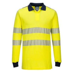A high-visibility yellow polo shirt featuring retroreflective tape panels, flame-resistant fabric, suitable for a wide range of outdoor and site work applications.
