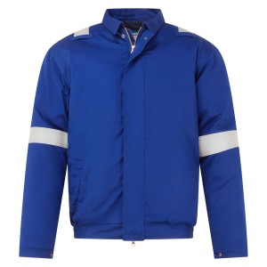 A blue padded jacket featuring a warm thermal lining, flame-resistant fabric, suitable for a wide range of outdoor and site work applications.