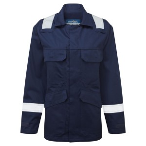 A women's navy blue jacket featuring flame-resistant fabric, suitable for a wide range of outdoor and site work applications.