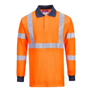 A orange polo shirt featuring flame-resistant fabric, suitable for a wide range of outdoor and site work applications.