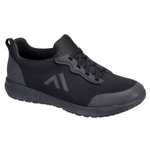 A black safety trainer with a composite toecap, a cushioned insole, and a lightweight anti-slip sole, suitable for lighter-duty site work.
