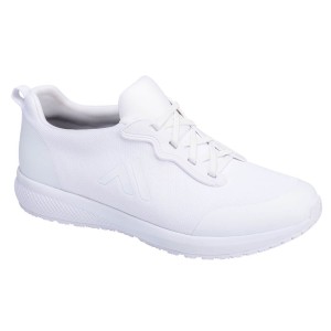 A white safety trainer with a composite toecap, a cushioned insole, and a lightweight anti-slip sole, suitable for lighter-duty site work.