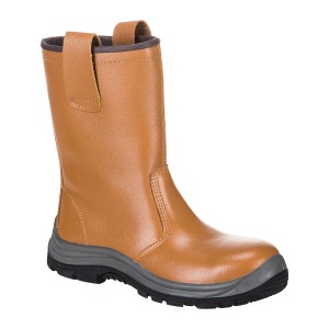 A tan composite safety boot with an anti-slip sole and padded collar, designed for comfort and protection during extended site work.